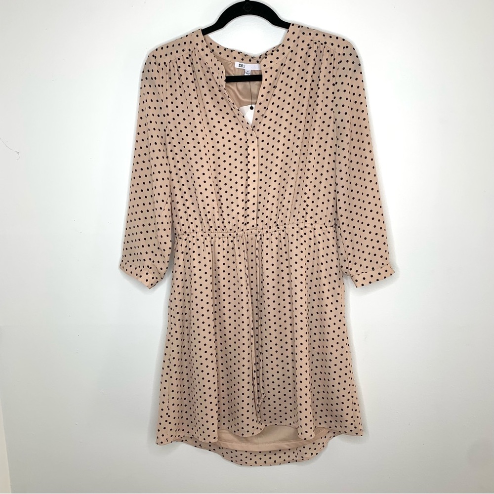 DR2 light pink polka dot tie waist long sleeve dress